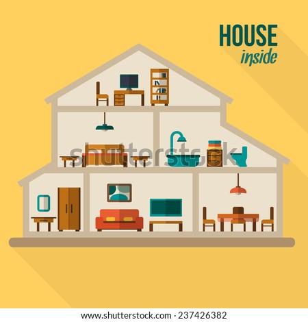 House in cut. Detailed modern house interior. Rooms with furniture.  Flat style vector illustration.