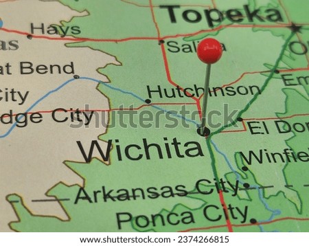 Red tack on map of Wichita, Kansas.  This city is the county seat of Sedgwick County, KS.