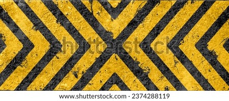 Old warning sign with black stripes on yellow background.