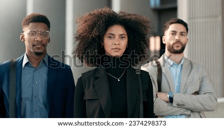 Portrait, collaboration and leadership with a business team in the city together for corporate management. Teamwork, confident or serious with a young woman leader and her employee group in town Royalty-Free Stock Photo #2374298373