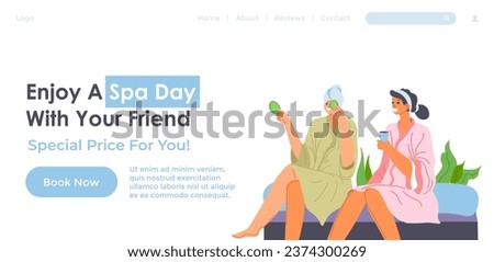 Health and wellness treatments, relaxation and rejuvenation. Spa day with friend to relieve stress and promote mental well being. Website landing page template, internet site. Vector in flat style Royalty-Free Stock Photo #2374300269