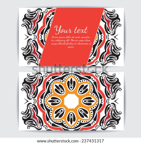 Invitation, business card or banner with text template. Round floral vector ornament. Lace. National pattern.