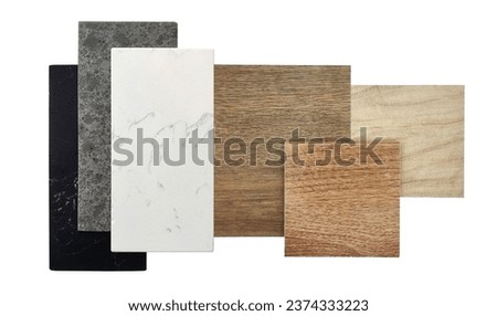 wood and artificial stone texture. ceramic flooring tiles and quartz stones samples isolated on background with clipping path. texture of natural surface decorating tile samples as wood and stones. Royalty-Free Stock Photo #2374333223