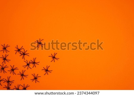 Orange background with spiders in the corners. copy space. Halloween