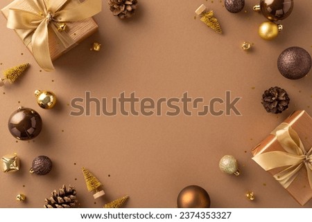 Sophisticated composition for holiday season, featuring lavish presents with bows, extravagant brown, gold balls, petite fir embellishments on rich brown surface, providing ideal frame for greetings Royalty-Free Stock Photo #2374353327