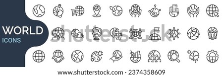Set of outline icons related to globe, earth, world. Linear icon collection. Editable stroke. Vector illustration Royalty-Free Stock Photo #2374358609