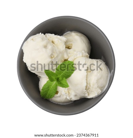 Delicious vanilla ice cream and mint leaves in bowl isolated on white, top view