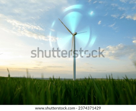 Renewable energy design.Digital graphic work on green energy power Production. Windmill and graphic diagram of air currents that produce green energy. Green energy power production it is future. Royalty-Free Stock Photo #2374371429