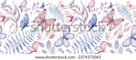Watercolor leaves, fern and buttrefly seamless border, florals repeat paper, seamless pattern illustration