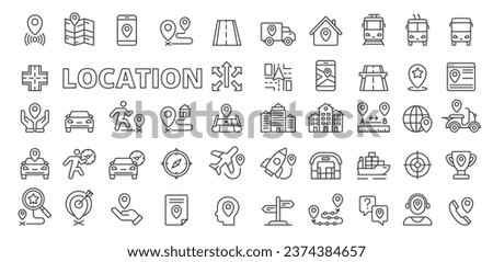 Location icons in line design.  
Map, destination, place, navigation, point, GPS, distance, destination, navigation, road, way, transport, waypoint, icons isolated on white background vector.