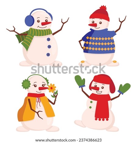 Set of different funny snow men. In hats, scarves, sweaters and mittens. Winter time. Vector graphic. Royalty-Free Stock Photo #2374386623