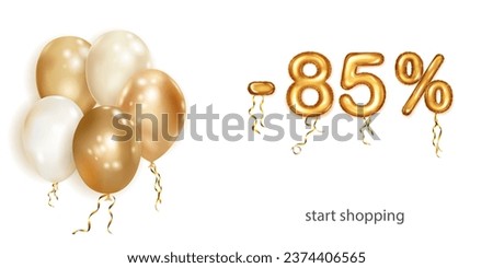 Discount creative illustration with white and gold helium flying balloons and golden foil numbers. 85 percent off. Sale poster with special offer on white background