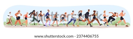 Jogging people group. Sport characters, many joggers team training in park together, running. Runners crowd exercising outdoors in nature. Flat vector illustration isolated on white background Royalty-Free Stock Photo #2374406755