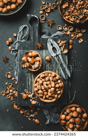 Hazelnut nut health organic brown filbert autumn background concept. Food background. Royalty-Free Stock Photo #2374424365