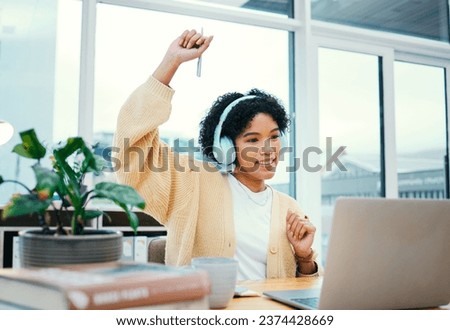 Business, headphones and happy woman dance with laptop in office for good news, email or success. Music, smile and excited female manger online with energy, achievement or streaming podcast track