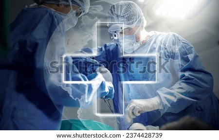 Surgery, people and global plus sign overlay for ICU emergency, wound healing service or clinic operation support. Dark room theatre team, worldwide healthcare icon or surgeon teamwork on saving life