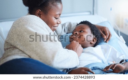 Hospital, bed and black woman with care for child, wellness and hug with a smile in bedroom. Sick, kid and mother embrace with love and gratitude for health, healing and happy for medicine in clinic Royalty-Free Stock Photo #2374428893