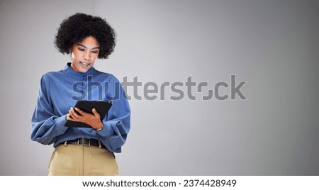 Tablet, mockup and business woman in studio with social media, planning or reading on grey background space. Digital, research and female entrepreneur online for sign up app, schedule or management