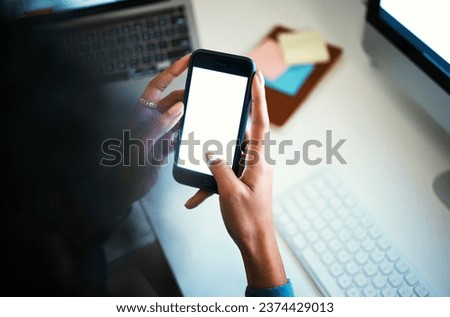 Woman, hands and phone screen for social media, communication or networking on mockup at office. Closeup of female person typing with mobile smartphone display, app or online search at workplace