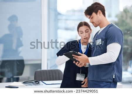 Doctors, man and woman with tablet in office at hospital with research, healthcare and teamwork. Medical professional, nurse and surgeon with digital app for telehealth, insurance website and advice.