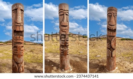 The Set of  Wooden Gamuls on Vilyuchinsky pass near Vilyuchik volcano, Kamchatka Peninsula, Russia. Royalty-Free Stock Photo #2374437141