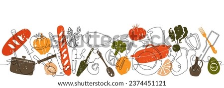 Cooking process on white background. Meal preparation from food ingredients. Vector illustration. Royalty-Free Stock Photo #2374451121