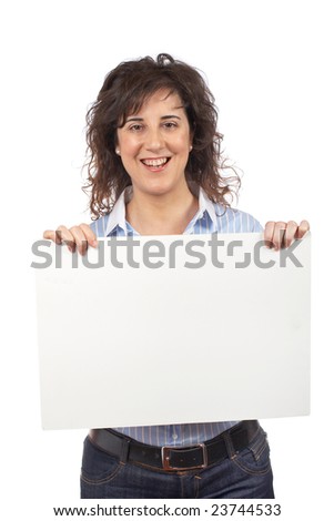 Casual happy woman holding the blank banner on white background
