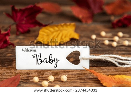 Autumn or Fall Background with Label with English Text Welcome Baby, Colorful Autumn Leaves, Seasonal Background with Quote