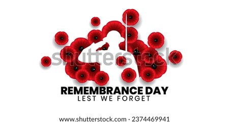 Remembrance day poster, Lest We forget 11 November greeting banner or card of poppy flowers, Vector illustration.  Royalty-Free Stock Photo #2374469941