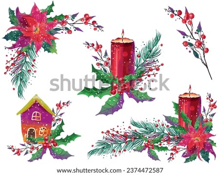 Colorful digitally hand painted Christmas illustration with poinsettia and pine tree