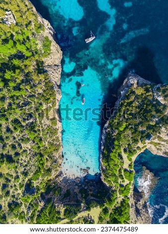 Top aerial view of Caló del Moro, on the island of Mallorca (Balearic Islands, Spain)
 Royalty-Free Stock Photo #2374475489