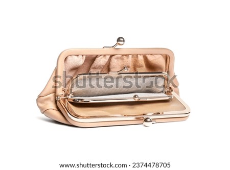 Stylish beige leather purse isolated on white