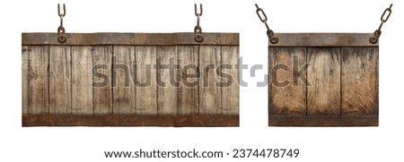 Wooden signboards with metal chains isolated on white