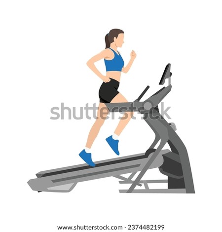 Woman running on incline treadmill. Cardio on gym exercise. Flat vector illustration isolated on white background Royalty-Free Stock Photo #2374482199