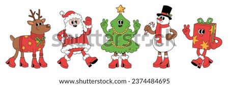 Merry Christmas and Happy New year characters. Santa Claus Christmas tree snowman reindeer gift box in trendy groovy retro cartoon style. Sticker pack of comic characters.