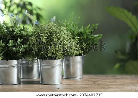 Different artificial potted herbs on wooden table outdoors, space for text Royalty-Free Stock Photo #2374487733