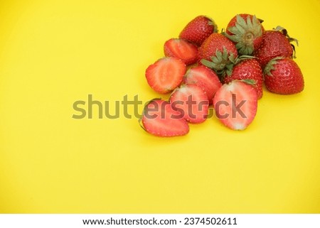 Strawberry isolated. Strawberries with leaf isolate. Whole and half of strawberry on yellow. Strawberries isolate. Side view strawberries set.