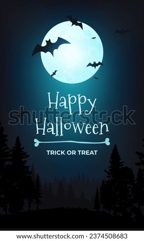 Eerie atmosphere of Happy Halloween vector banner illustration. A spooky moonlit night featuring a haunting tree, bats, and a full moon. Perfect for party invitations and posters. Not AI generated. Royalty-Free Stock Photo #2374508683