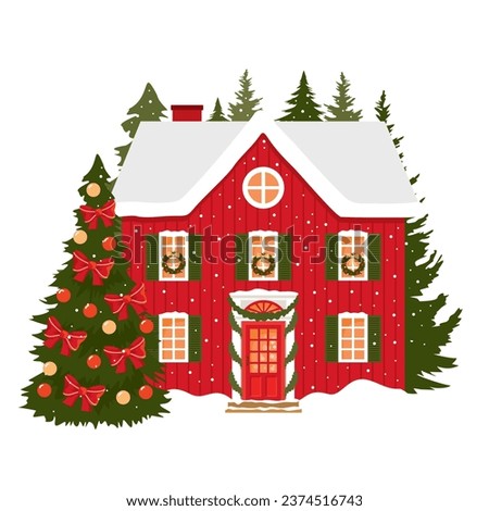 Christmas decorated red house. Santa Claus' house. Winter red cottage with a garland and a Christmas tree. Illustrated vector clipart.