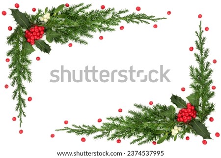 Winter holly berry mistletoe ivy fir background border frame on white. Christmas abstract design for greeting card, label, invitation, menu, gift tag.