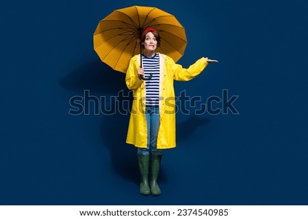 Full body photo of funny biting lips girl holding palm nervous can not wait ending rainstorm bad weather isolated on blue color background Royalty-Free Stock Photo #2374540985