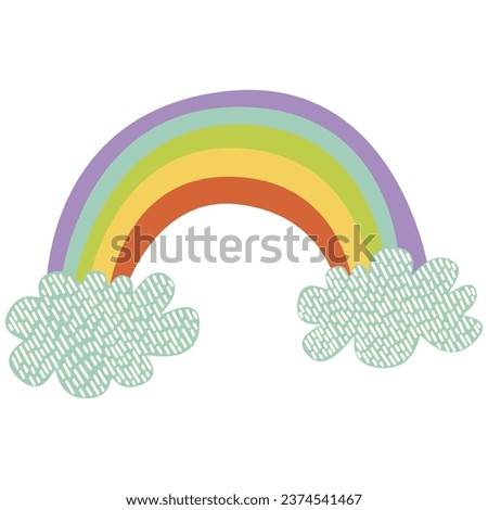 isolated vector pastel rainbow illustration, hand drawn flat vector rainbow icon spectrum clouds clip art, childish crayon clipart colorful scandinavian boho nursery decor kids greeting card design
