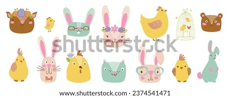 vector easter clipart hand drawn easter animals, isolated cute spring cartoon clipart set: easter bunny, cat, bear, deer, chicken, hen, rooster, birds, pastel easter animals clip art bundle collection