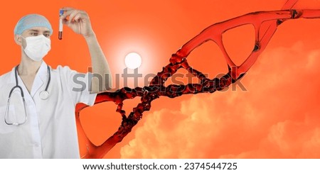 scientist, doctor, disrupted human dna structure with helix destroyed, deoxyribonucleic acid, sun orange clouds background, nucleic acid molecules, change, break in chemical structure, sunlight damage Royalty-Free Stock Photo #2374544725