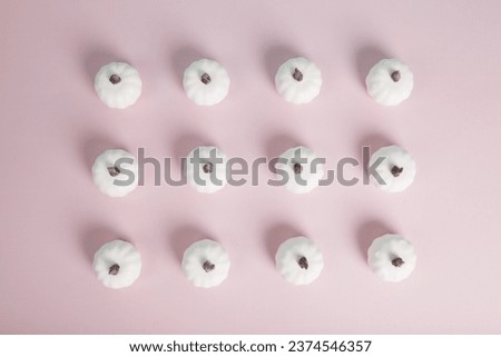 white mini pumpkins aligned symmetrically in rows and columns on a pastel pink background. Minimalist, trendy still life photography.