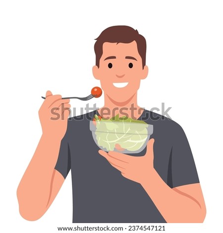 Young man eating salads. Diet food for life. Healthy foods with benefits. Healthy and vegan food concept. Flat vector illustration isolated on white background Royalty-Free Stock Photo #2374547121
