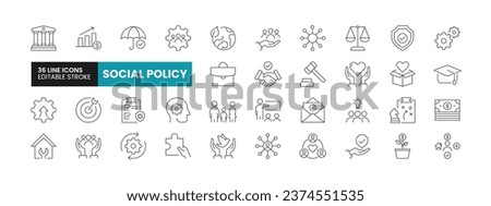Set of 36 Social Policy line icons set. Social Policy outline icons with editable stroke collection. Includes Family, Human Resources, Welfare, Government, Justice and More.