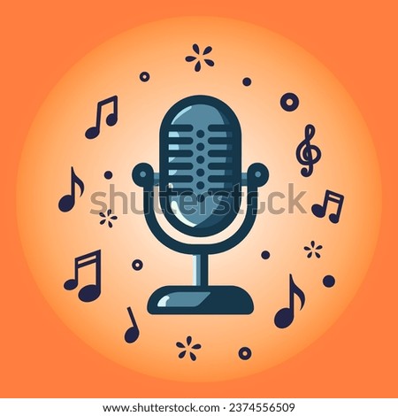 Vintage microphone with separated music notes on orange background. Vector illustration EPS 10.