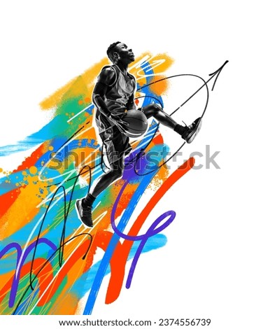 Young african man, basketball player in motion during game, jumping with ball over colorful background. Creative art collage. Concept of professional sport, competition and match, dynamics. Poster, ad