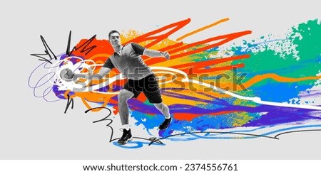 Competitive and motivated young man, handball player in motion, throwing ball over colorful background. Creative art collage. Concept of professional sport, competition and match, dynamics. Poster, ad